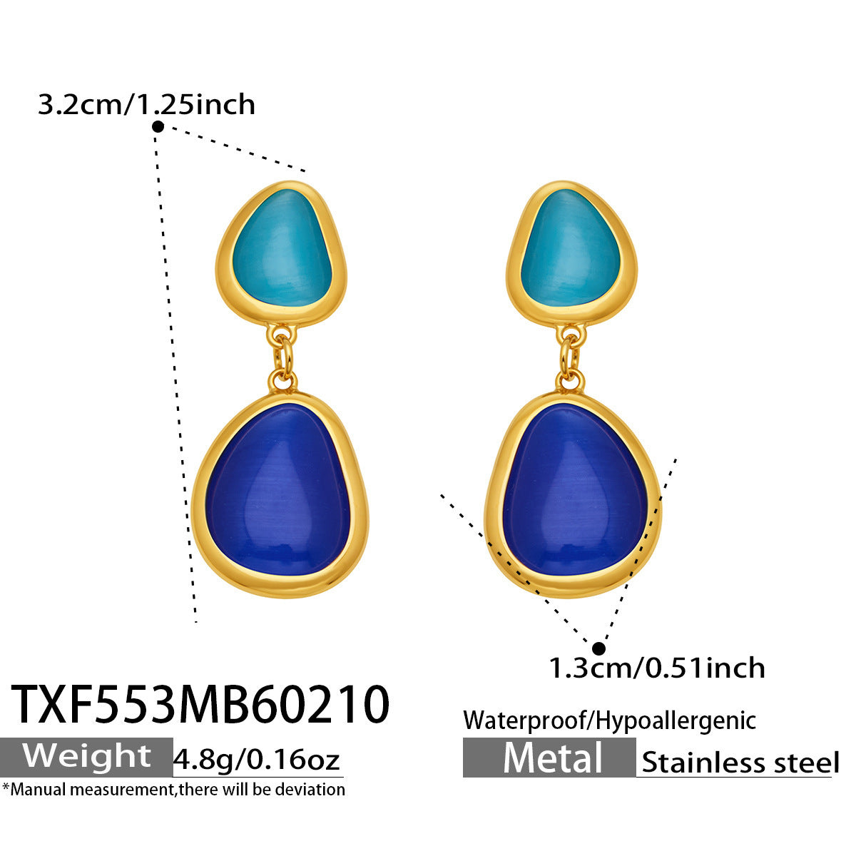 B廠【TXP553】歐美輕奢橢圓貓眼石項鍊手鍊耳環不鏽鋼鍍18k金首飾套裝
 26.10-4