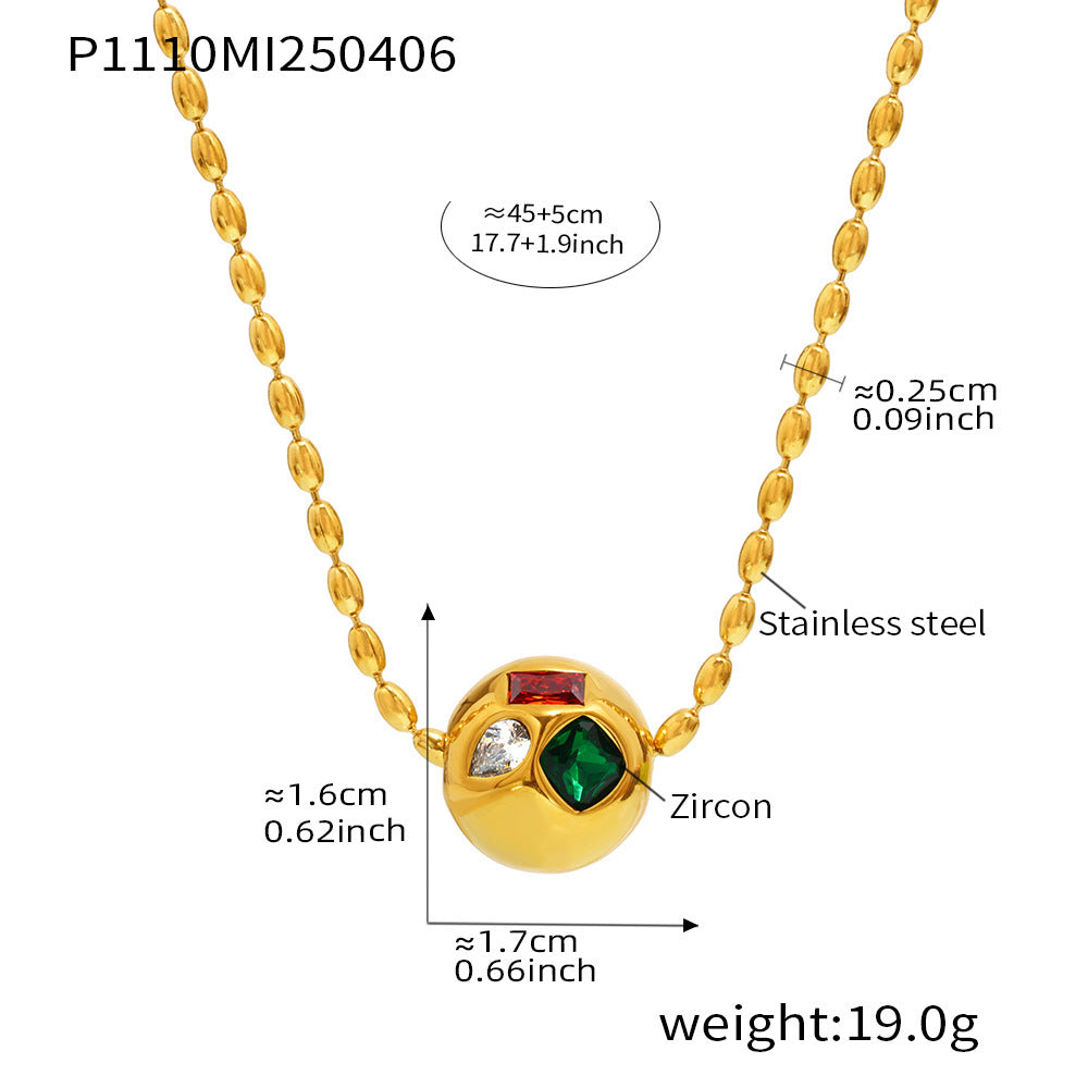 B廠【P1110】歐美飾品不鏽鋼圓珠鑲捷克水鑽吊墜米珠鎖骨項鍊PVD鍍18k金 25.04-2