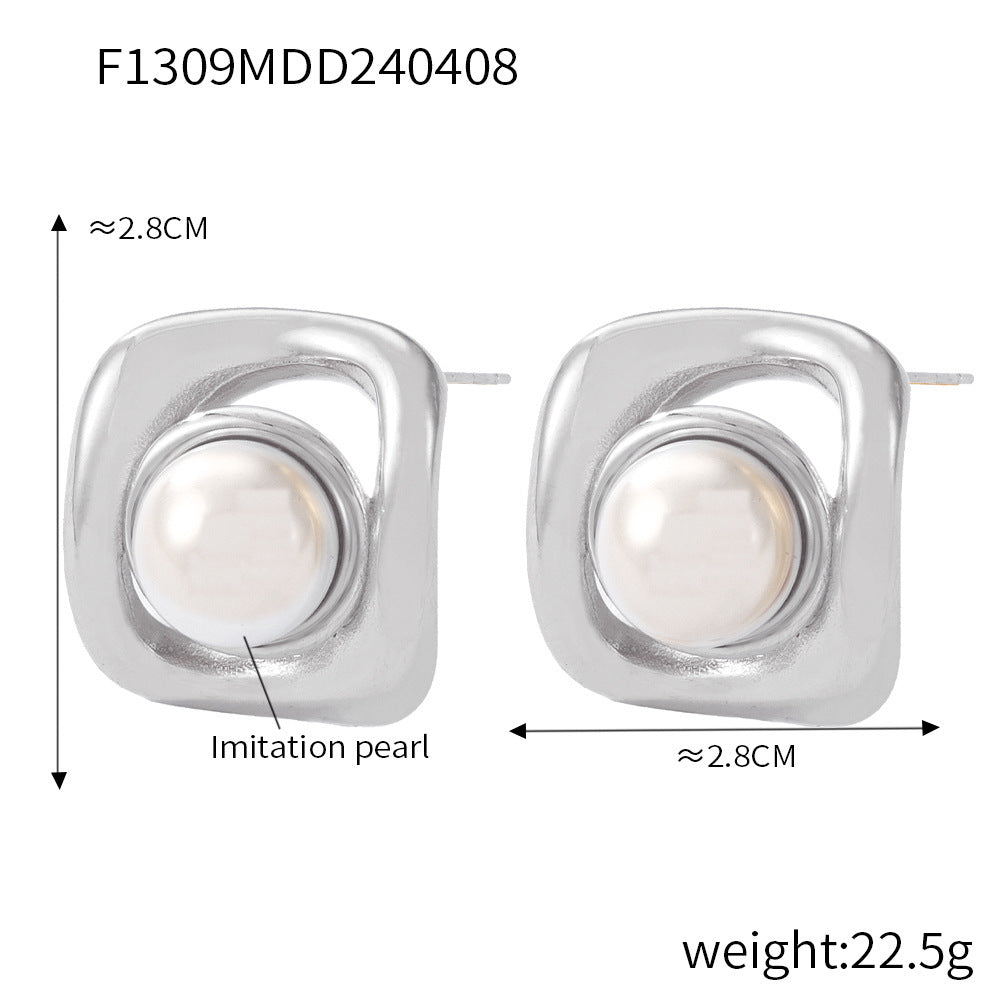 B廠【F1305-9】歐美幾何仿珍珠紋理鈦鋼鑄造耳環飾品百搭新款鍍18k真金保色套裝 24.04-3