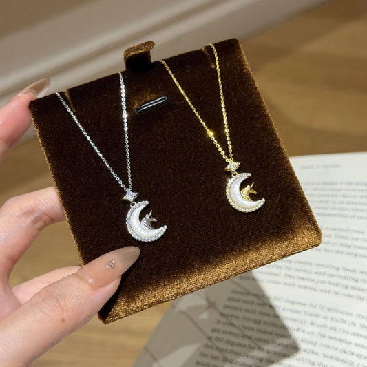 E廠【XDQ0259N】S925純銀星月小馬項鍊女時尚輕奢貝殼月亮馬年百搭鎖骨鏈
 25.12-3