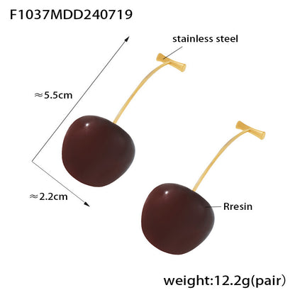 B廠【F1037】歐美小清新櫻桃長款耳環女個性網紅不鏽鋼樹脂車厘子創意氣質耳環 24.07-4