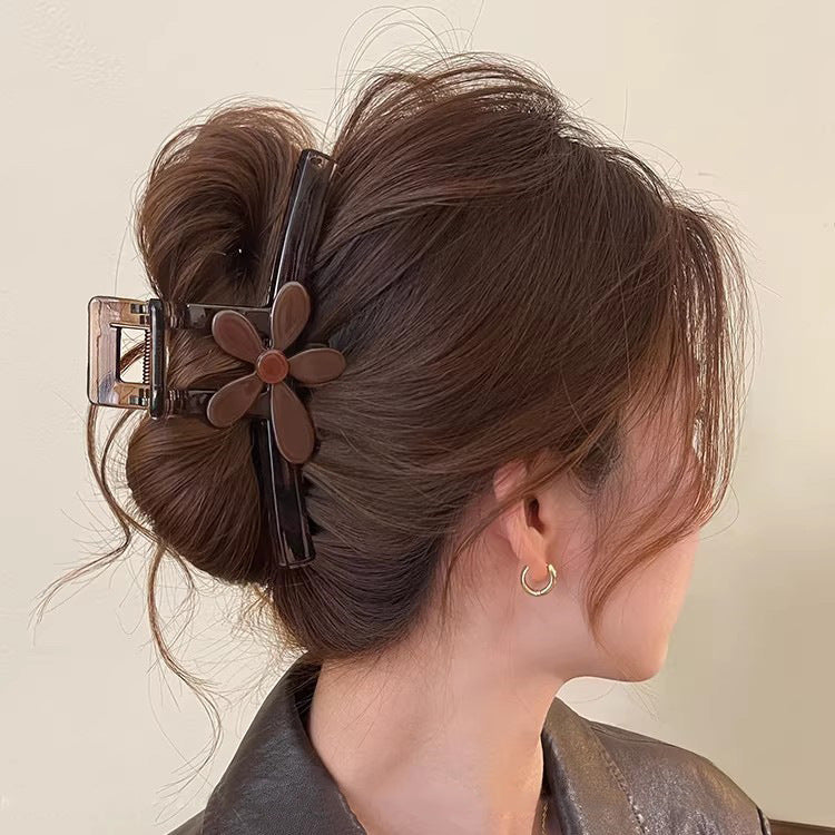 C廠【X16】棕色醋酸花朵一字頭髮抓夾女2026新款大號後腦勺鯊魚夾子髮夾髮飾
 26.03-3