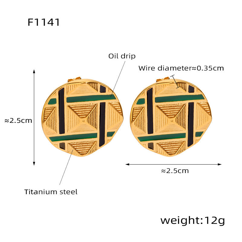 B廠【F1141】歐美風時尚百搭耳環金字塔雕刻花紋圓形耳環砝碼彩釉鈦鋼鍍金耳飾 24.01-3