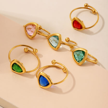 B廠【TXA265】不銹鋼三角形開口戒指進口捷克切面超閃玻璃戒指鍍18k真金 25.06-3