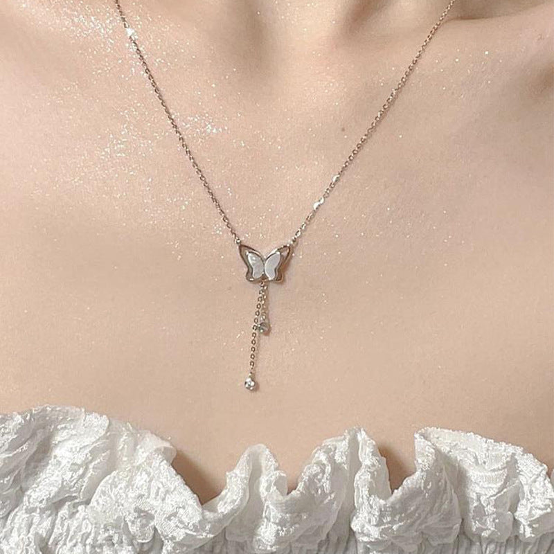 F廠【DQ1231N】S925純銀輕奢小眾貝殼蝴蝶項鍊女精緻氣質閃鋯流蘇ins鎖骨鏈
 25.10-4