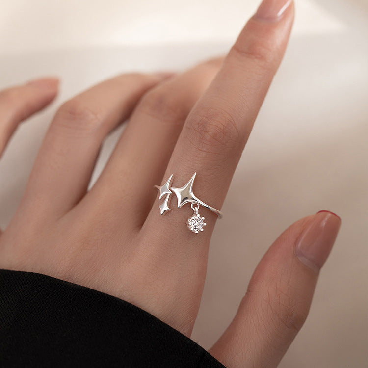 E廠【XDQ8444R】S925純銀韓版簡約四芒星戒指女時尚ins星星鋯石流蘇開口指環
 25.12-1