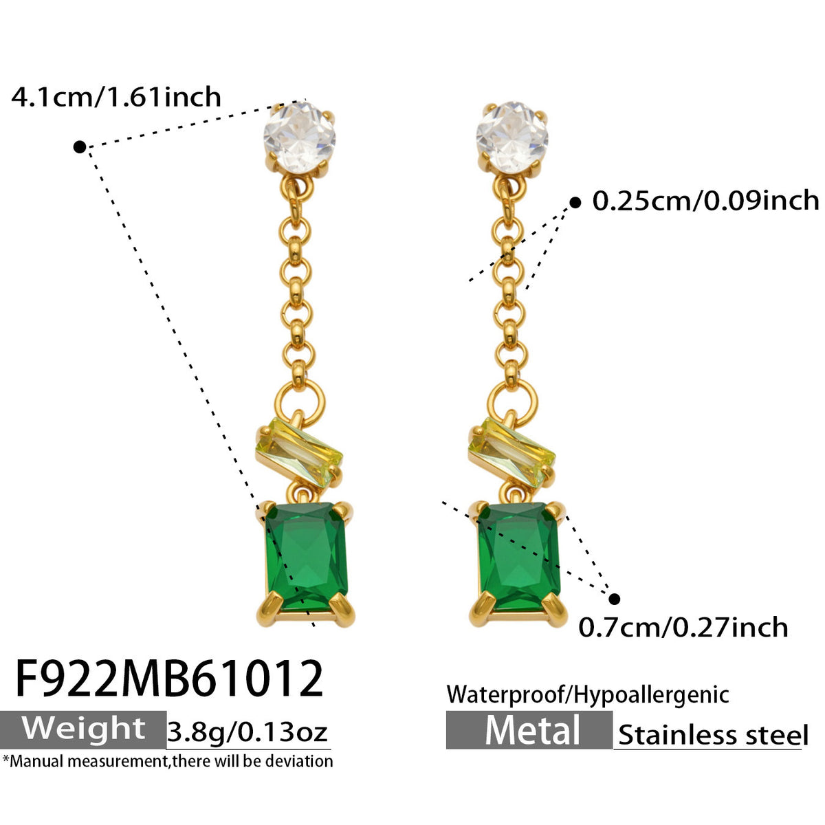 B廠【F922】方塊多巴胺鋯石不鏽鋼鍍18k金流蘇長款耳環
 26.10-4