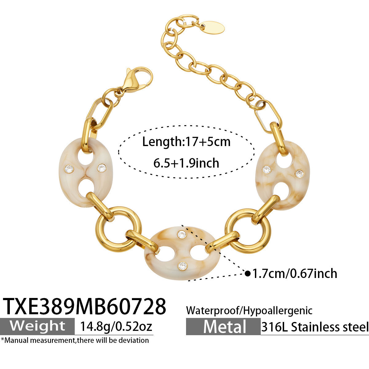 B廠【TXP389】時尚歐美不銹鋼鍍18k金 樹脂鑲嵌鋯石豬鼻耳環項鍊手鍊女飾品套裝
 26.08-1
