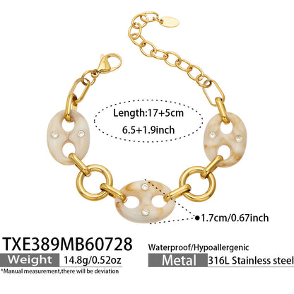 B廠【TXP389】時尚歐美不銹鋼鍍18k金 樹脂鑲嵌鋯石豬鼻耳環項鍊手鍊女飾品套裝
 26.08-1