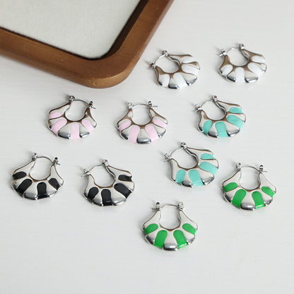 B廠【F260】多巴胺琺瑯彩軸條紋扇形個性氣質耳扣耳環鈦鋼不掉色美拉德耳飾女 25.05-3