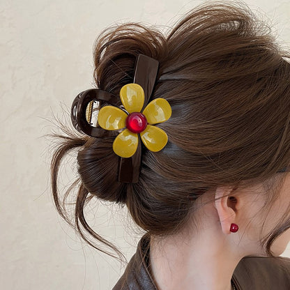 C廠【X157】紅珠花朵抓夾女2026新款巧克力棕色鯊魚夾高級感頭髮夾巨好看髮飾
 26.04-4