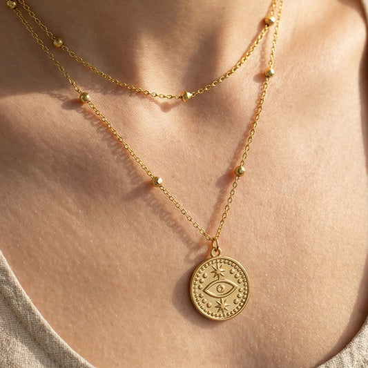 B廠【P058】歐美ins簡約設計惡魔之眼圓牌吊墜雙層疊戴項鍊不鏽鋼鍍18k金飾品
 26.02-1