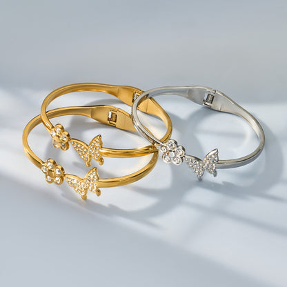 B廠【Z234】跨境時尚微鑲鋯石蝴蝶花朵彈簧開口手鐲網紅輕奢不鏽鋼18k金手環
 26.04-3