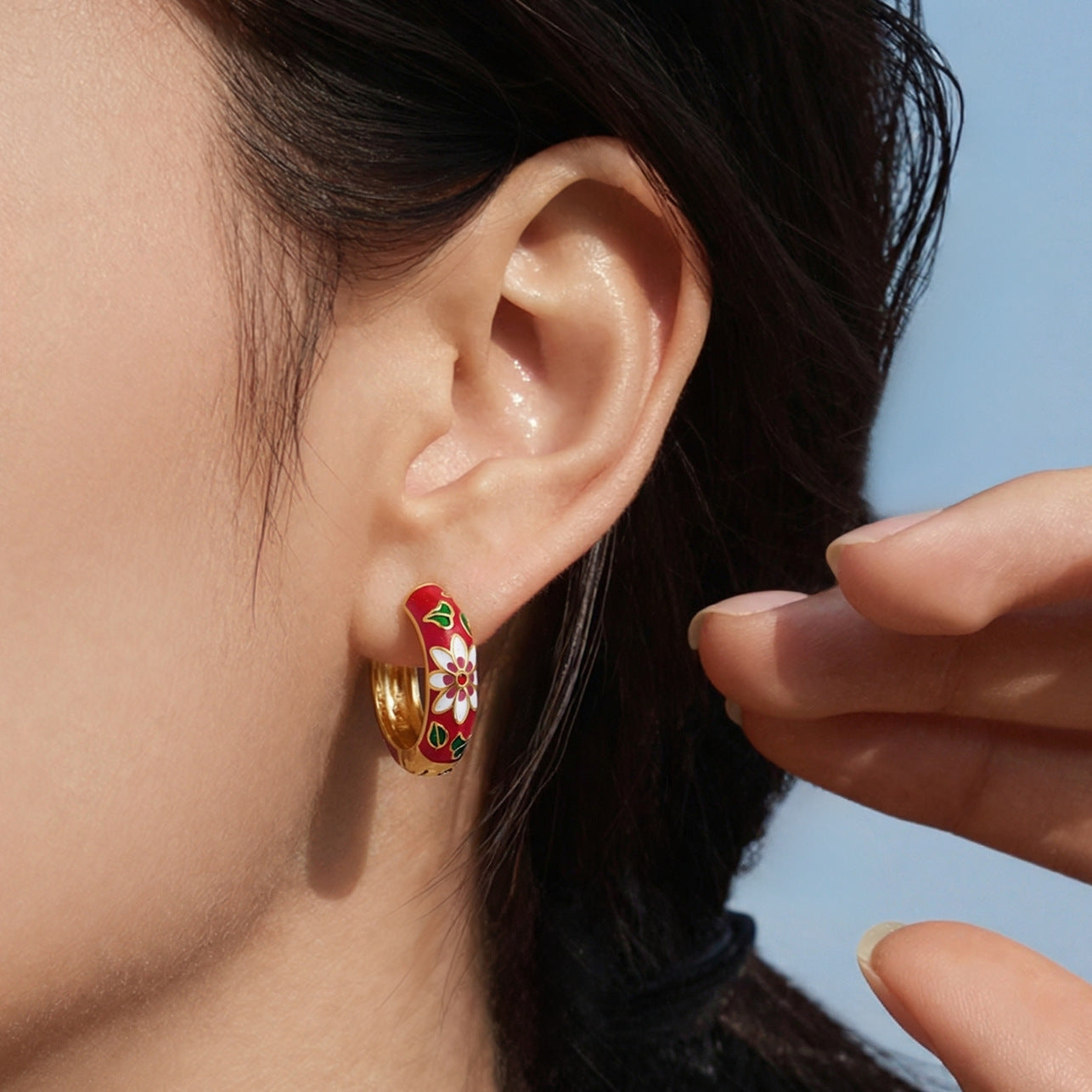 B廠【F1156】新中式琺瑯彩釉印花圓圈耳扣不銹鋼鍍18k真金彩色滴油花朵耳環女
 25.12-4