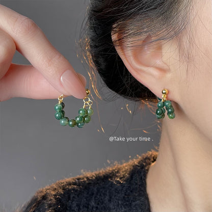 A廠【5406】春款~森系草木綠天然石瑪瑙新中式個性旅遊景點耳環耳環 25.01-1