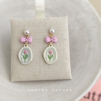 A廠【6258】小清新甜美烤漆粉紅蝴蝶結鬱金香耳環女優雅氣質長花耳環
 26.02-4