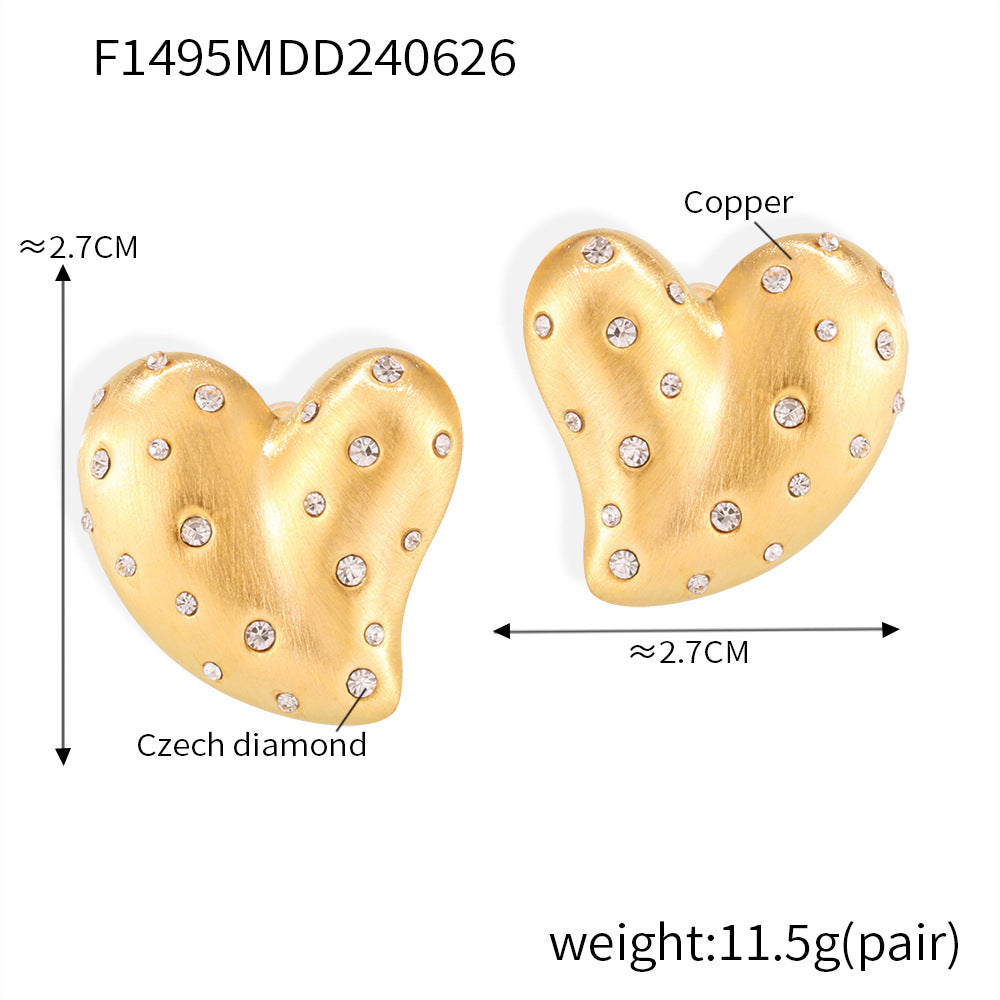 B廠【F1495】日韓鑲鑽愛心耳環金屬風拉絲心形簡約小眾個性設計潮酷銅材質耳環 24.07-1