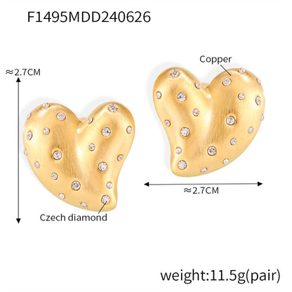 B廠【F1495】日韓鑲鑽愛心耳環金屬風拉絲心形簡約小眾個性設計潮酷銅材質耳環 24.07-1