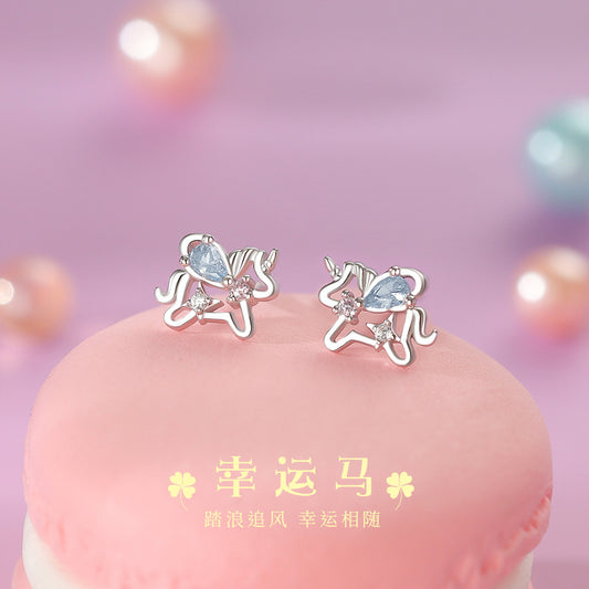 D廠【YC4943E】原創足銀S999彩鋯獨角獸耳環幸運馬可愛溫柔清新本命年耳飾
 25.12-3