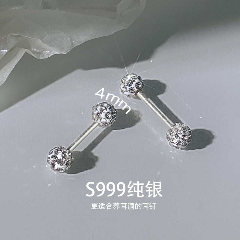 F廠【DQ10039E】999足銀雙頭香巴拉閃鑽耳環女小眾高級超閃耳骨釘養耳洞耳飾 25.04-1
