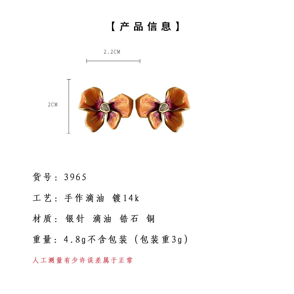 C廠【3965】法式復古鳶尾花琺瑯滴釉質感氣質優雅高級感鍍14K新款耳飾女耳環 24.05-3