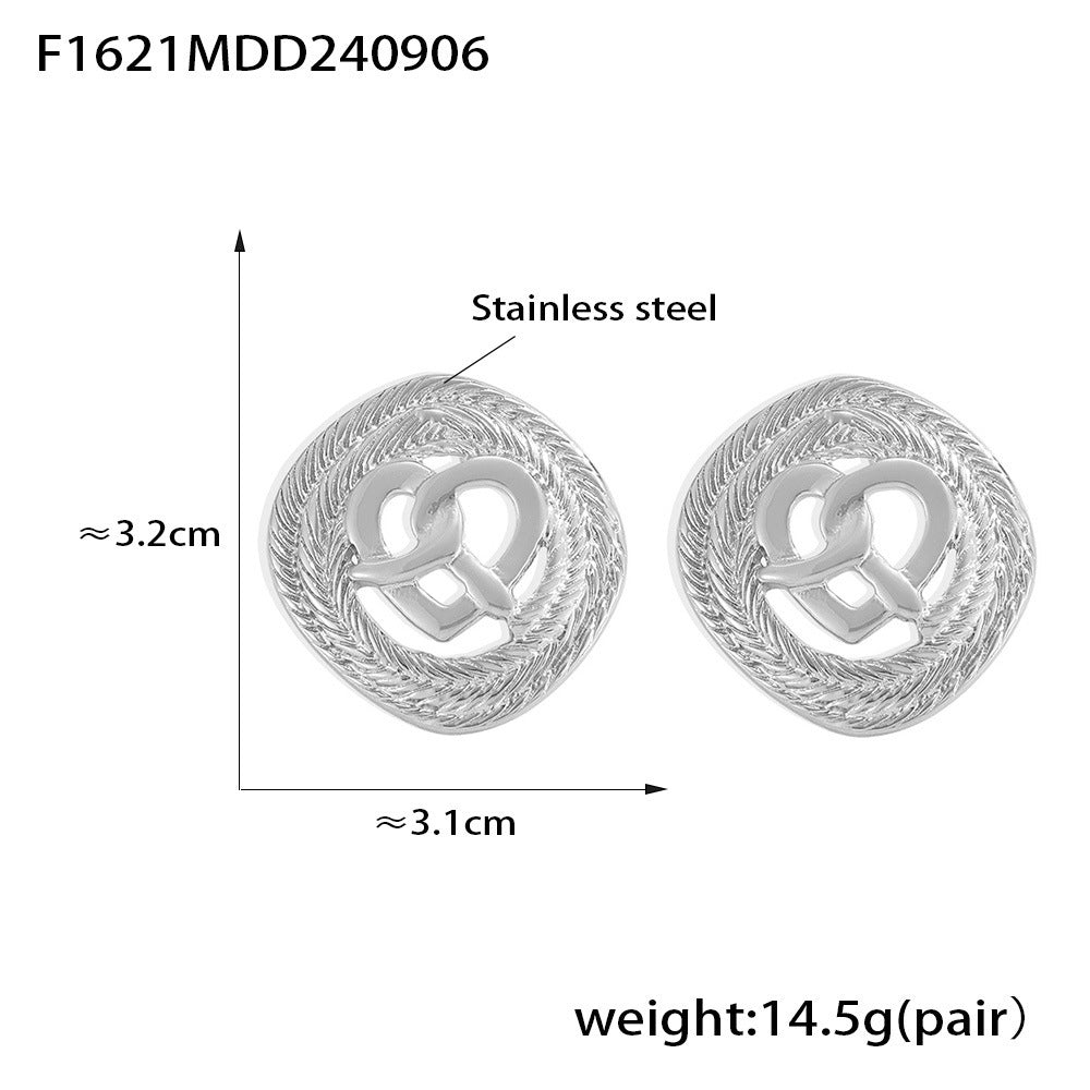 B廠【F1621】復古肌理愛心扭扭結耳環歐美小眾設計感新款鏤空不銹鋼輕奢耳環 24.09-2