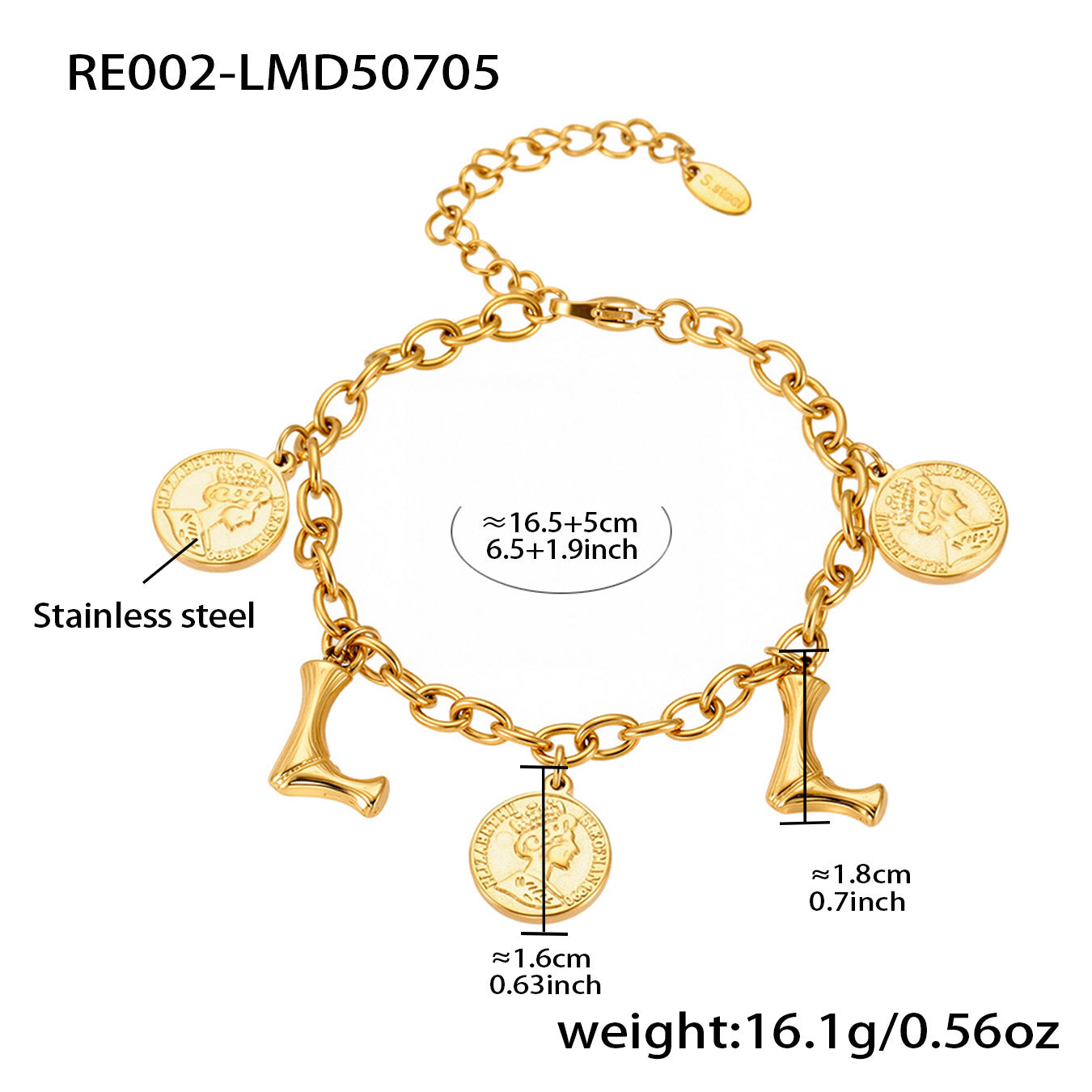 B廠【RE002】歐美飾品不鏽鋼26個字母伊莉莎白女王圖像手鍊鍍18k金色保色 25.07-3