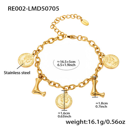 B廠【RE002】歐美飾品不鏽鋼26個字母伊莉莎白女王圖像手鍊鍍18k金色保色 25.07-3