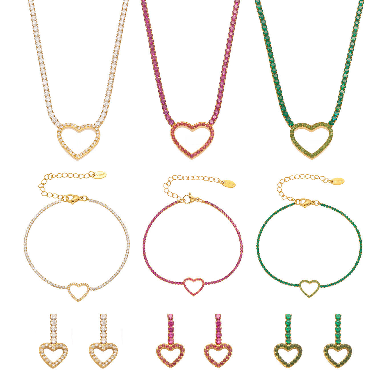 B廠【TXP455】不銹鋼滿鑽愛心鋯石項鍊手鍊耳環 鍍18k金歐美時尚輕奢首飾
 25.10-4