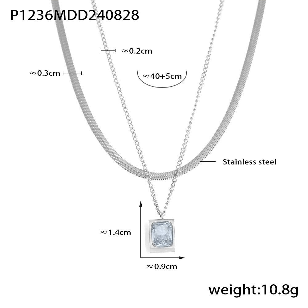 B廠【P1236】法式跨境小眾ins雙層疊戴風刀片鏈方形吊墜不銹鋼復古項鍊 24.09-1