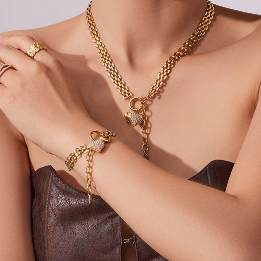 B廠【TXP476】新款錶帶鏈彈工扣滿鑽鋯石愛心吊墜項鍊手鍊套裝不銹鋼材質
 25.11-3