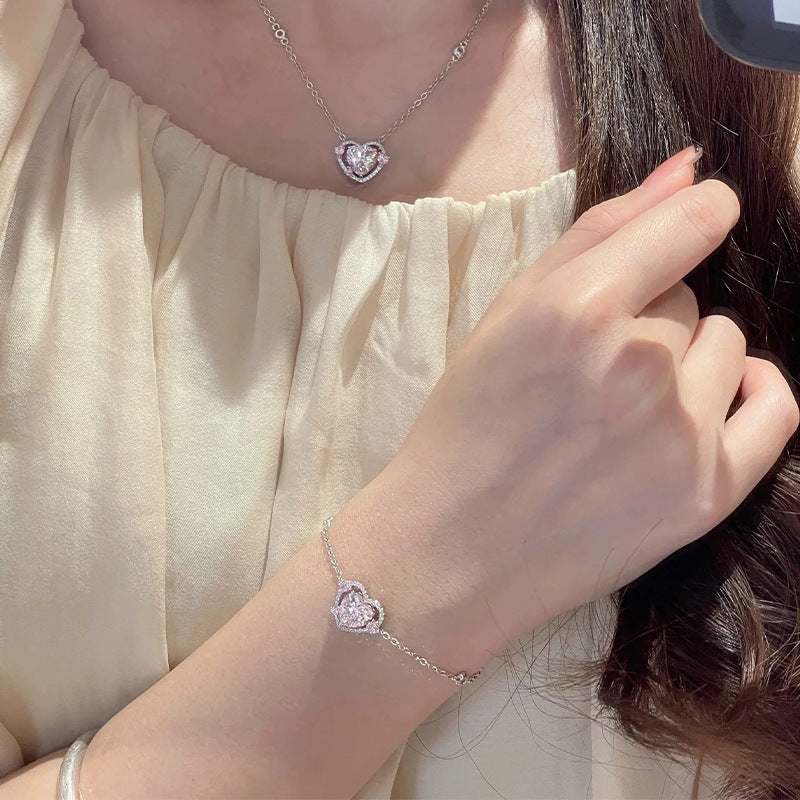 F廠【XDQ0077S】S999純銀輕奢守護之心粉鑽手鍊女高級感怦然心動鋯石愛心手飾
 25.10-5