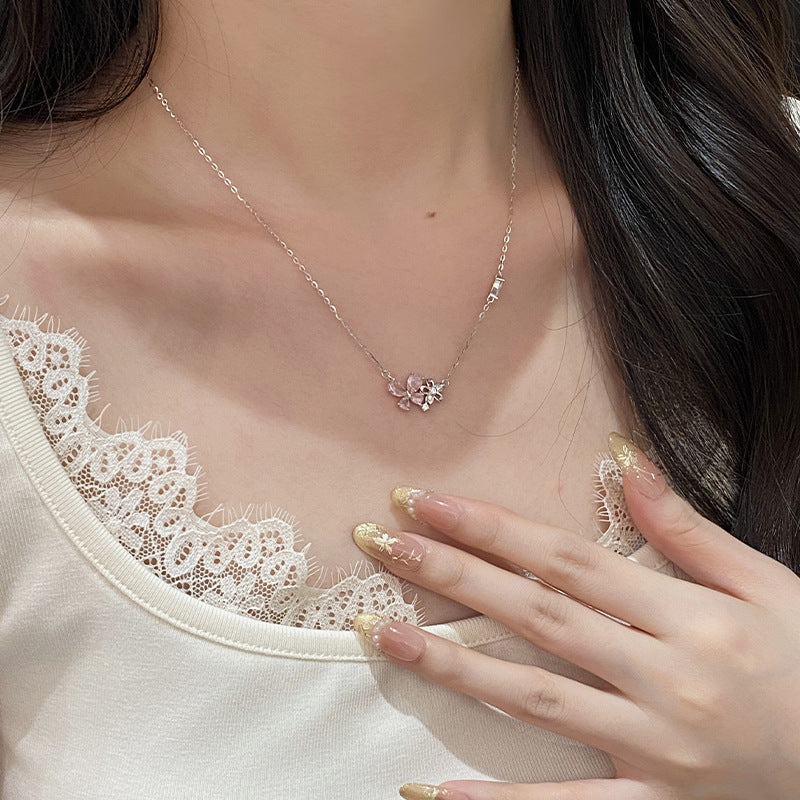F廠【DQ0962N】S925純銀甜美小清新蝴蝶粉鋯項鍊女時尚氣質簡約花朵鎖骨鏈潮
 25.09-2