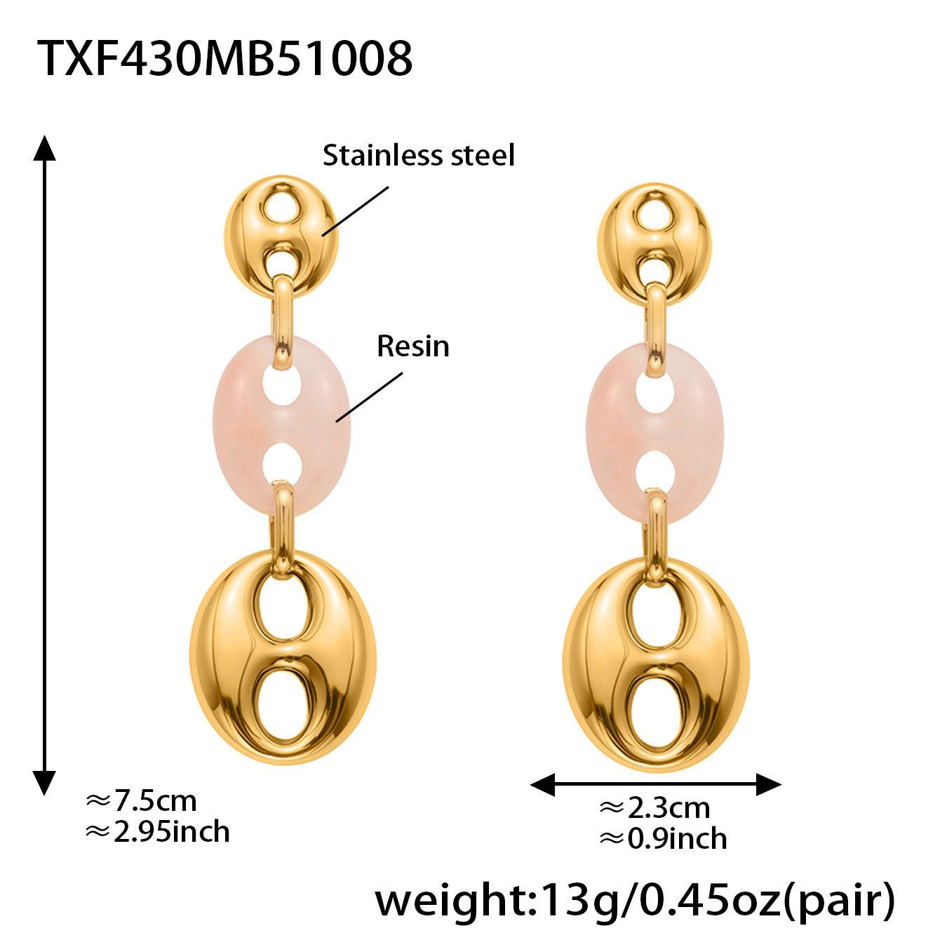 B廠【TXP430】不銹鋼豬鼻子樹脂項鍊多色時尚手工鍊鍍18k金項鍊手鍊耳環
 25.10-3