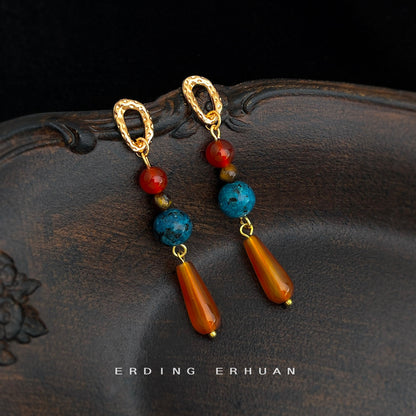 A廠【6929】文藝復古設計師款天然石紅瑪瑙長款水滴流蘇新款耳環耳環飾品
 25.10-3