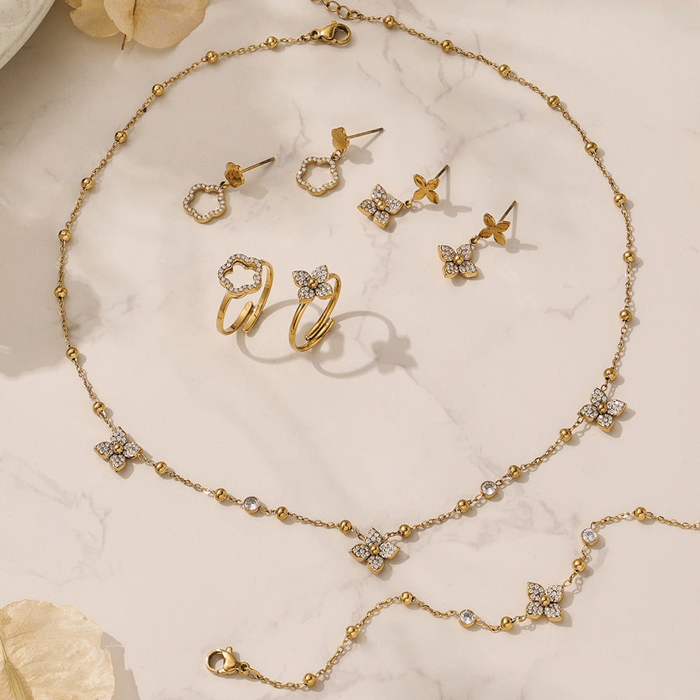 B廠【TXP539】歐美ins時尚5A鋯石花朵項鍊手鍊耳環戒指女士首飾組不銹鋼飾品
 26.01-2