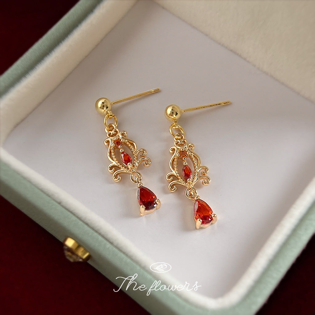 C廠【7055】文藝復古宮廷風鑲嵌鋯石酒紅色長款流蘇新款耳飾飾品
 25.11-2