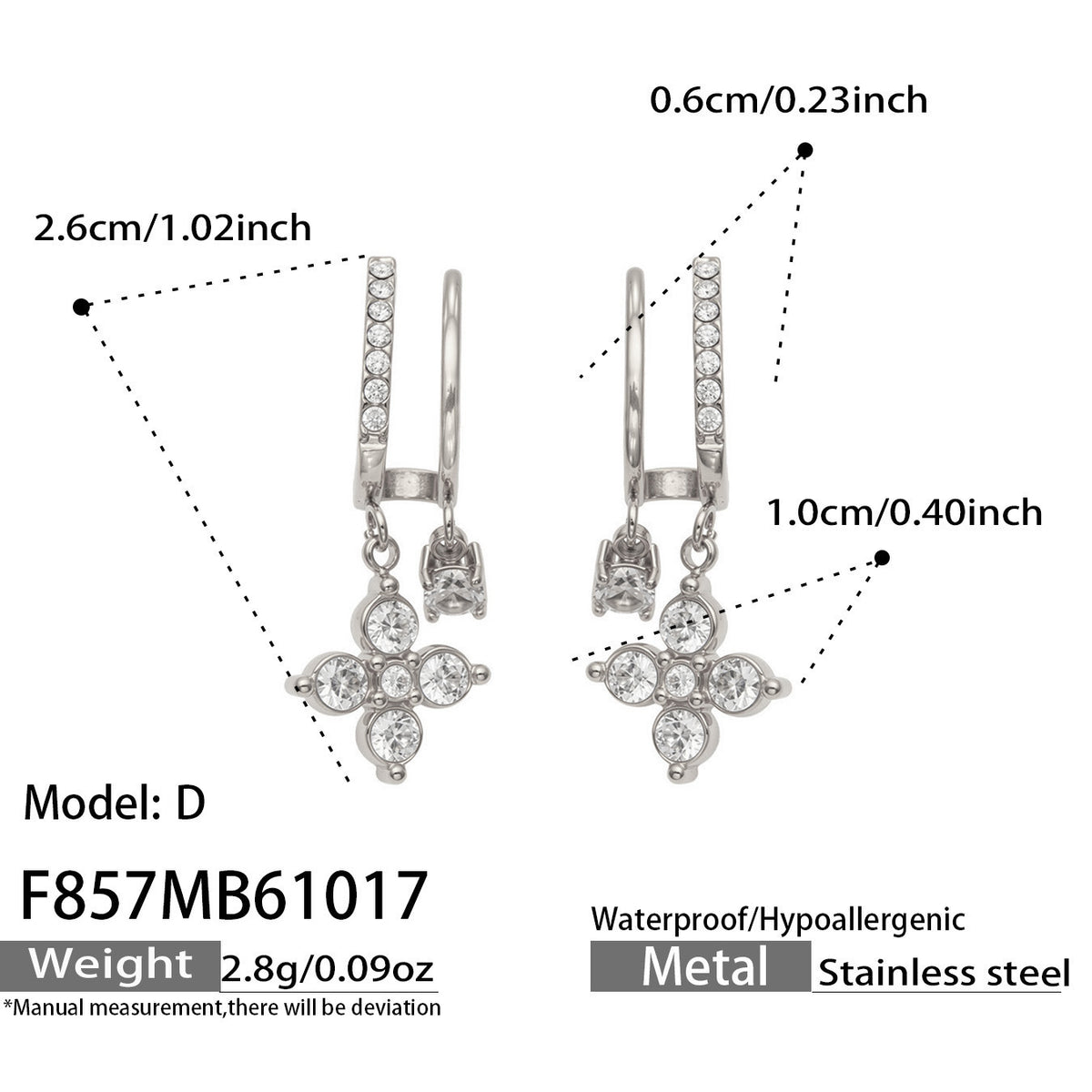 B廠【F857】幾何四瓣花愛心鑲锆石耳墜不鏽鋼耳環組
 26.10-4