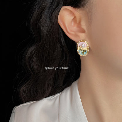 A廠【6355】淡水珍珠清新甜美田園風925銀針電鍍14K油畫質感琺瑯釉耳飾耳環女 25.08-1