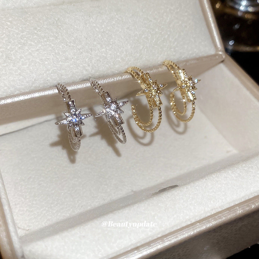 A廠【HE28853】925銀針超閃鋯石芒星C形耳環歐美時尚簡約百搭耳環輕奢高級感耳飾女
 25.10-2