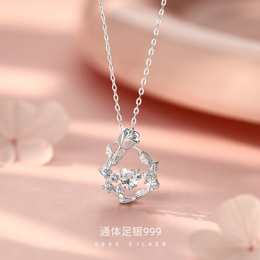 D廠【YC3911N】足銀S999小眾設計玫瑰花靈動鋯石項鍊女甜美高級款百搭項鍊
 26.09-2