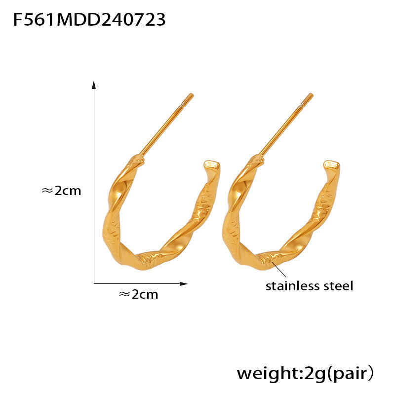 B廠【F561】跨國新款幾何C型扭紋耳環歐美風簡約設計感不鏽鋼鍍18k真金耳環女 24.07-5