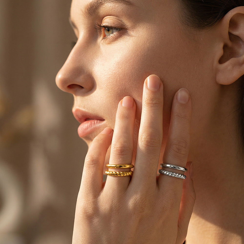 B廠【A123】歐美時尚簡約麻花雙層開口戒指不鏽鋼鍍18k真金氣質開口女士戒指
 26.02-1