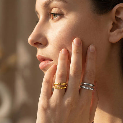 B廠【A123】歐美時尚簡約麻花雙層開口戒指不鏽鋼鍍18k真金氣質開口女士戒指
 26.02-1