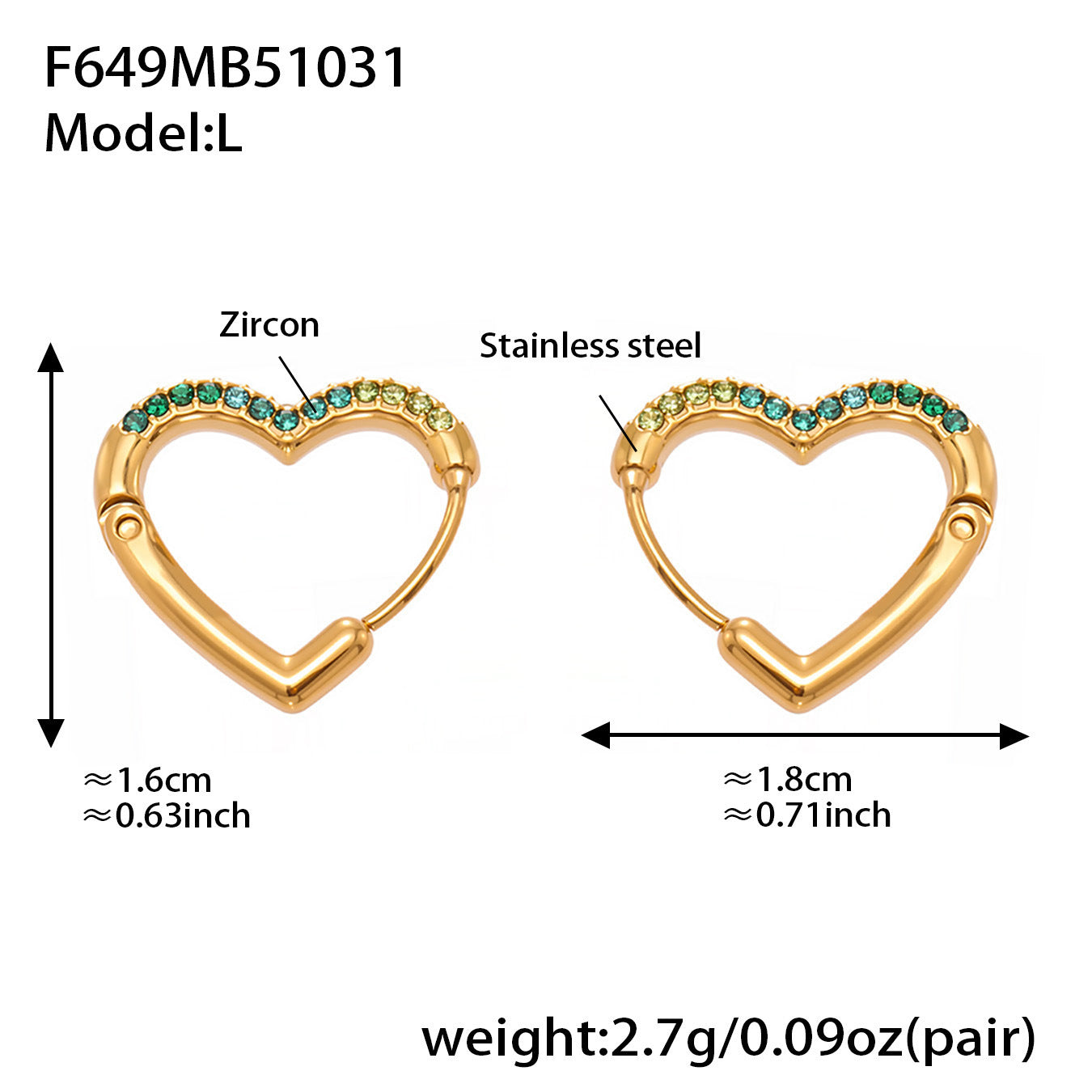 B廠【F649】跨境新款愛心彩色鋯石耳環耳環不鏽鋼鍍18k金時尚百搭耳飾
 25.11-1