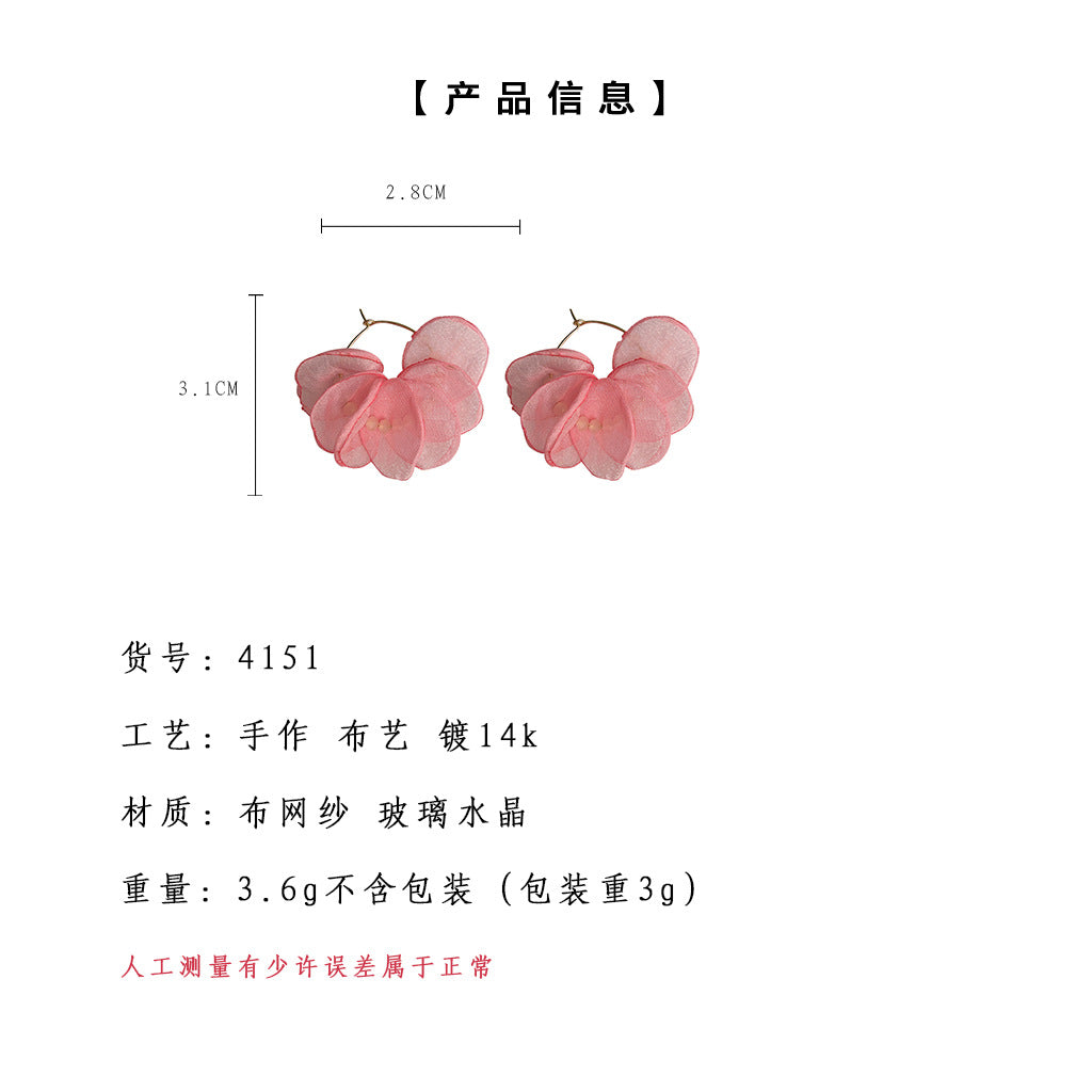 C廠【4151】甜美~夏日新款手工藝設計感蕾絲布藝花朵耳環女氣質優雅度假風耳飾 24.05-4
