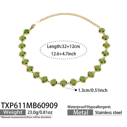 B廠【TXP611】謎麗港風顯貴四葉花不鏽鋼鍍金紅玻璃簡約小眾項鍊手鍊耳飾飾品女
 26.09-3