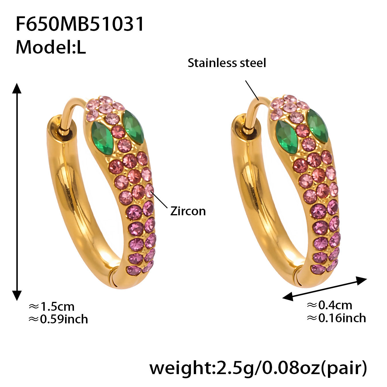 B廠【F650】彩色鋯石U形耳環不鏽鋼鍍18k真金蛇形滿鑽輕奢時尚百搭耳飾
 25.11-1