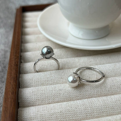 E廠【DQ8496R】S925純銀簡約百搭款素圈正圓仿珍珠戒指女氣質優雅開口戒指環
 25.09-4