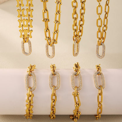 B廠【TXP201】不鏽鋼鋯石馬蹄扣項鍊手鍊首飾組歐美重工鍍18k真金飾品 25.01-1